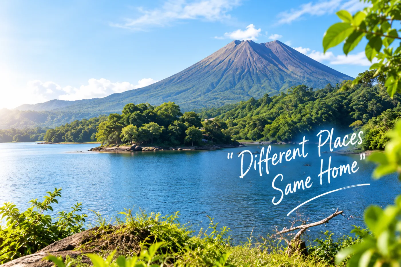 Gunung dan danau biru dikelilingi hutan tropis yang rimbun